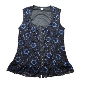 Vintage Y2K Lace Floral Whimsigoth Black Blue Studio 1940 Hook Eye Tank Top L